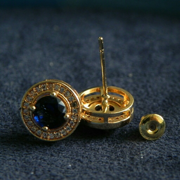 Lab Created Sapphire and Zircon Gold Earrings - Picture 3 of 6